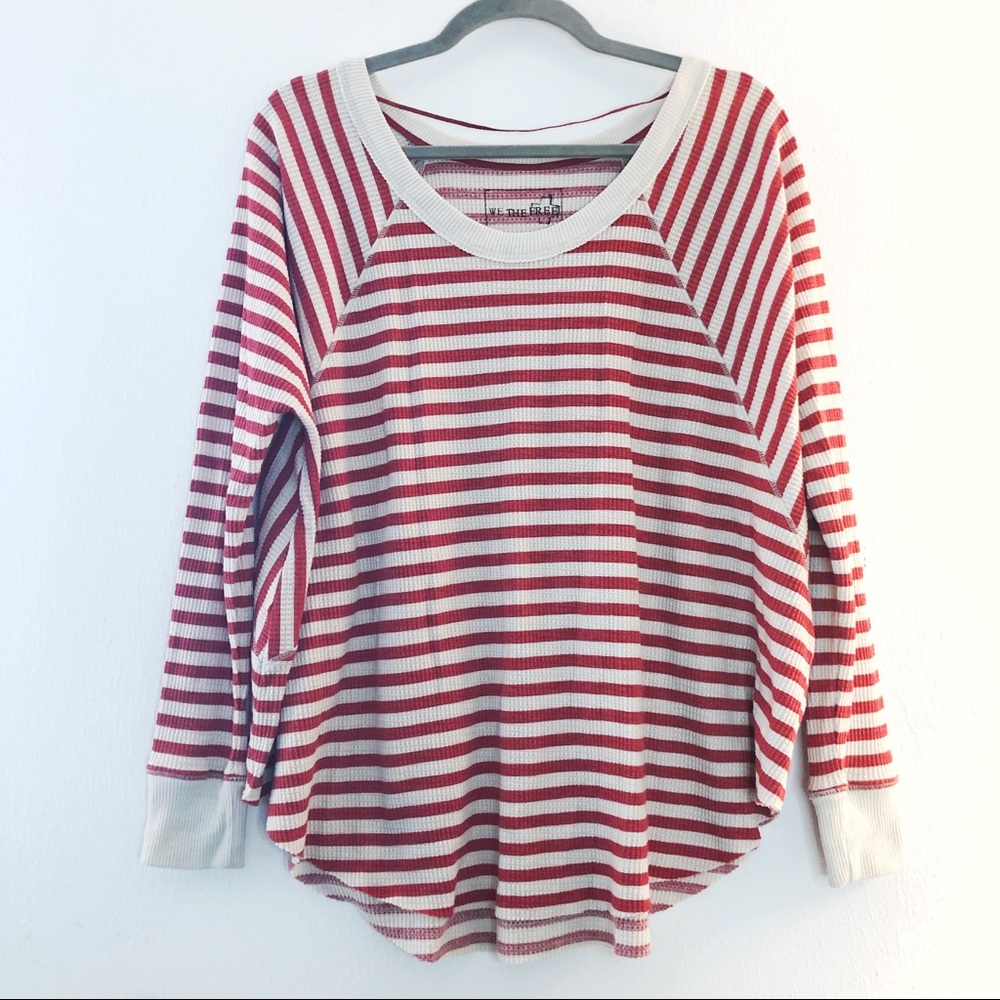 We The Free Top Free People Red & Cream Striped Oversized Waffleknit Sz L EUC